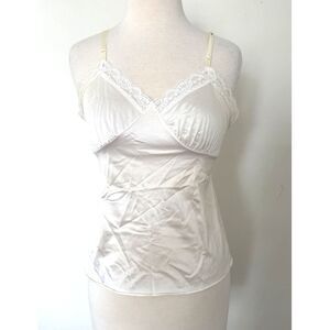 VTG Deena Made in USA Nylon Camisole White Lace Trim V-Neck Minimal Coquette 34